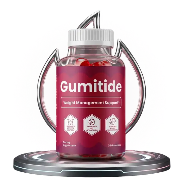 Gumitide weight-management gummies bottle with a garnet label